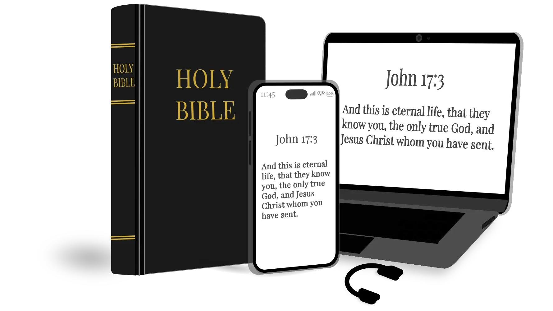 Hero_Banner_1780x1000_Black_headphones_15_stroke_tinify Holy Bible across devices showing John 17:3